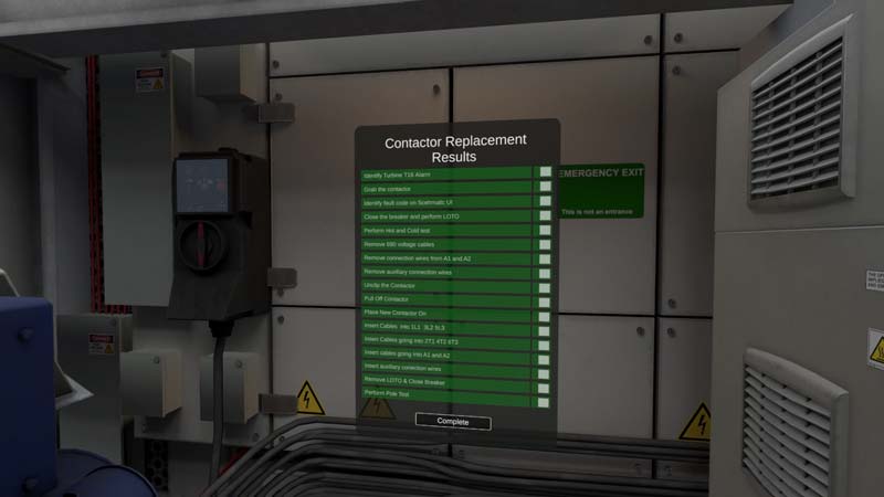 Contactor replacement procedure checklist and results panel inside a VR maintenance simulation