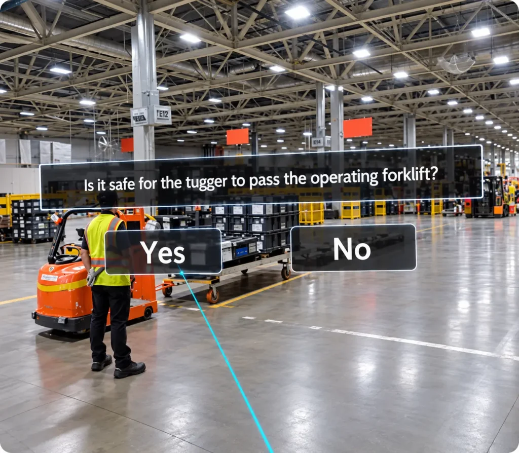 Worker in a 360° warehouse scenario answering a forklift safety question