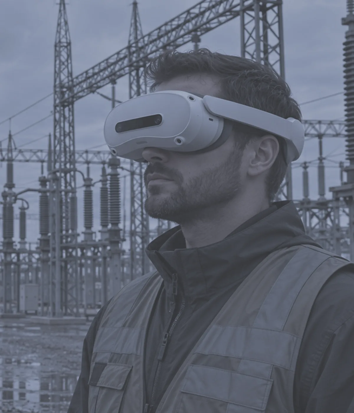Substation technician wearing a Pico mixed reality headset at a 400 kV electrical substation