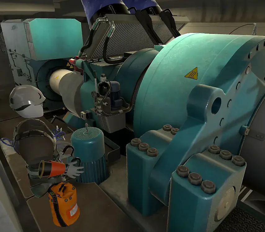 CGI digital twin of a wind turbine nacelle gearbox and generator with a VR trainee performing maintenance