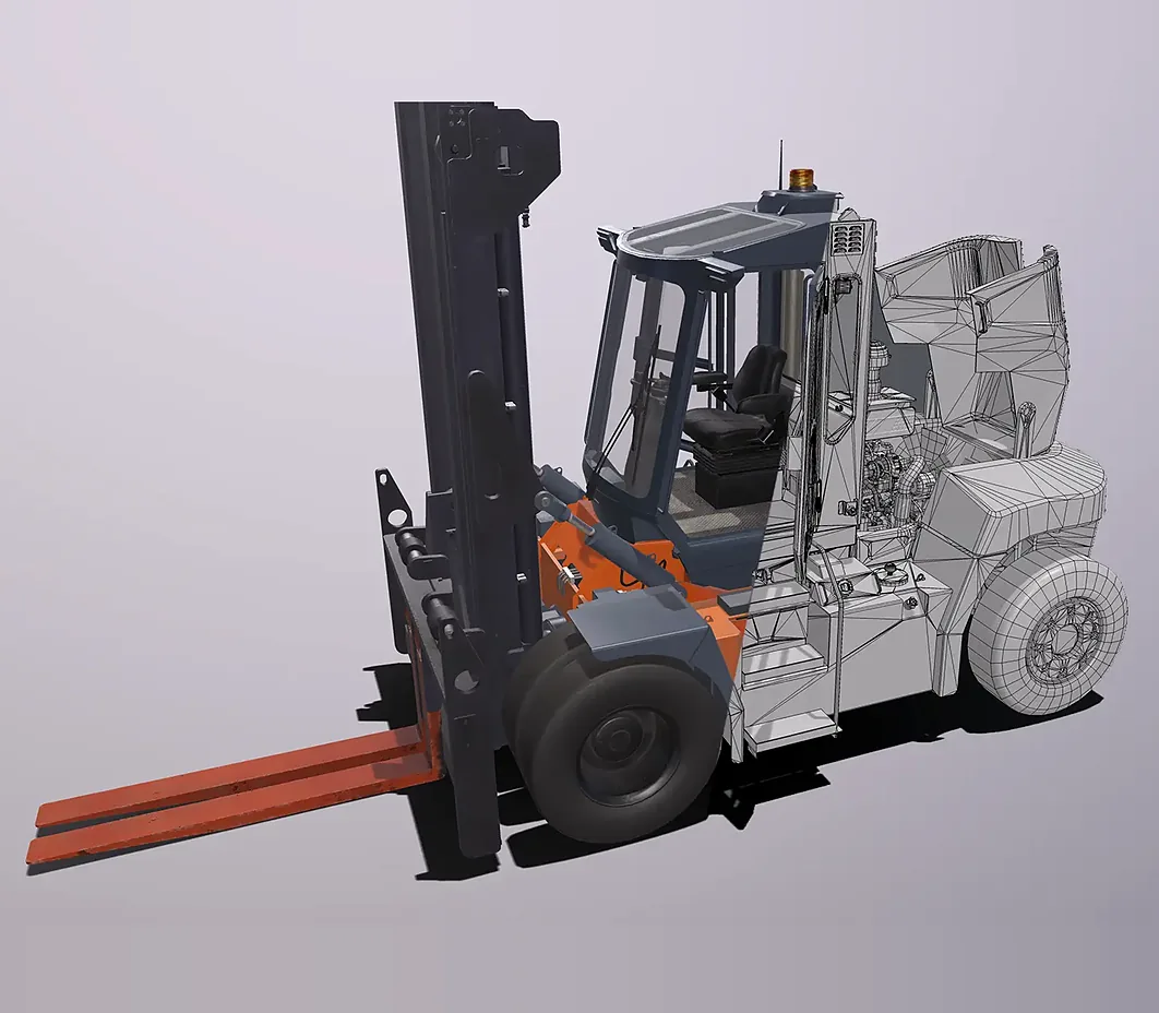 Custom VR development of a forklift 3D model shown half textured and half wireframe, built for VR operator training