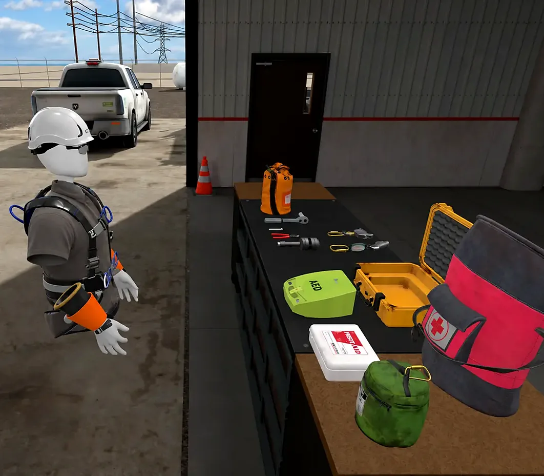 VR training simulation of a worker in a fall-protection harness selecting rescue and first-aid gear at an industrial site