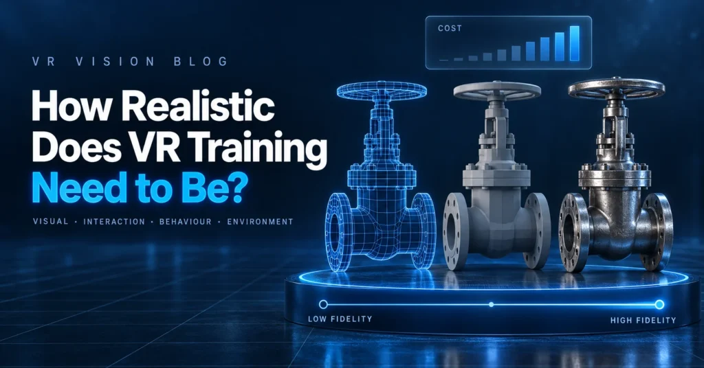 VR training fidelity levels shown side by side, from a simple stylized industrial valve to a photoreal one, illustrating how realism drives VR training cost